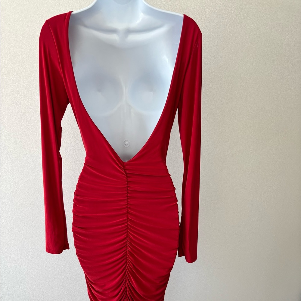 Fashion Nova Dress Medium Red Midi Body Con Backless Ruched Coquette Festival - Picture 3 of 12